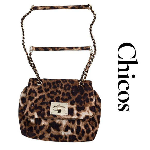 Chico's Handbags - Chico's Leopard Print Crossbody Bag Brown Gold Chain Turnlock Classic Chic OS